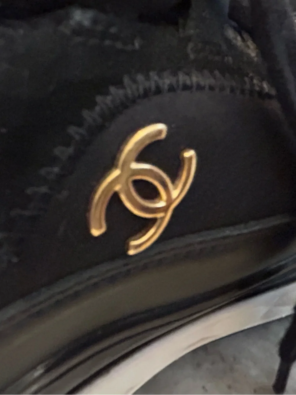 CHANEL Black Leather Sneaker, Gold CC Accent,White quilted platform Sole391/2